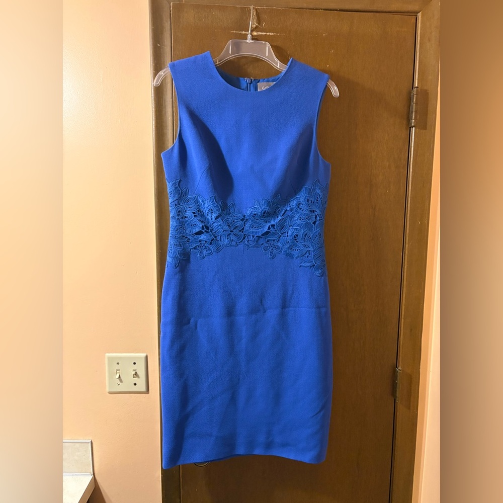 Lela Rose Floral Embroidered Lace Wool Blend Midi Sheath Dress in Blue